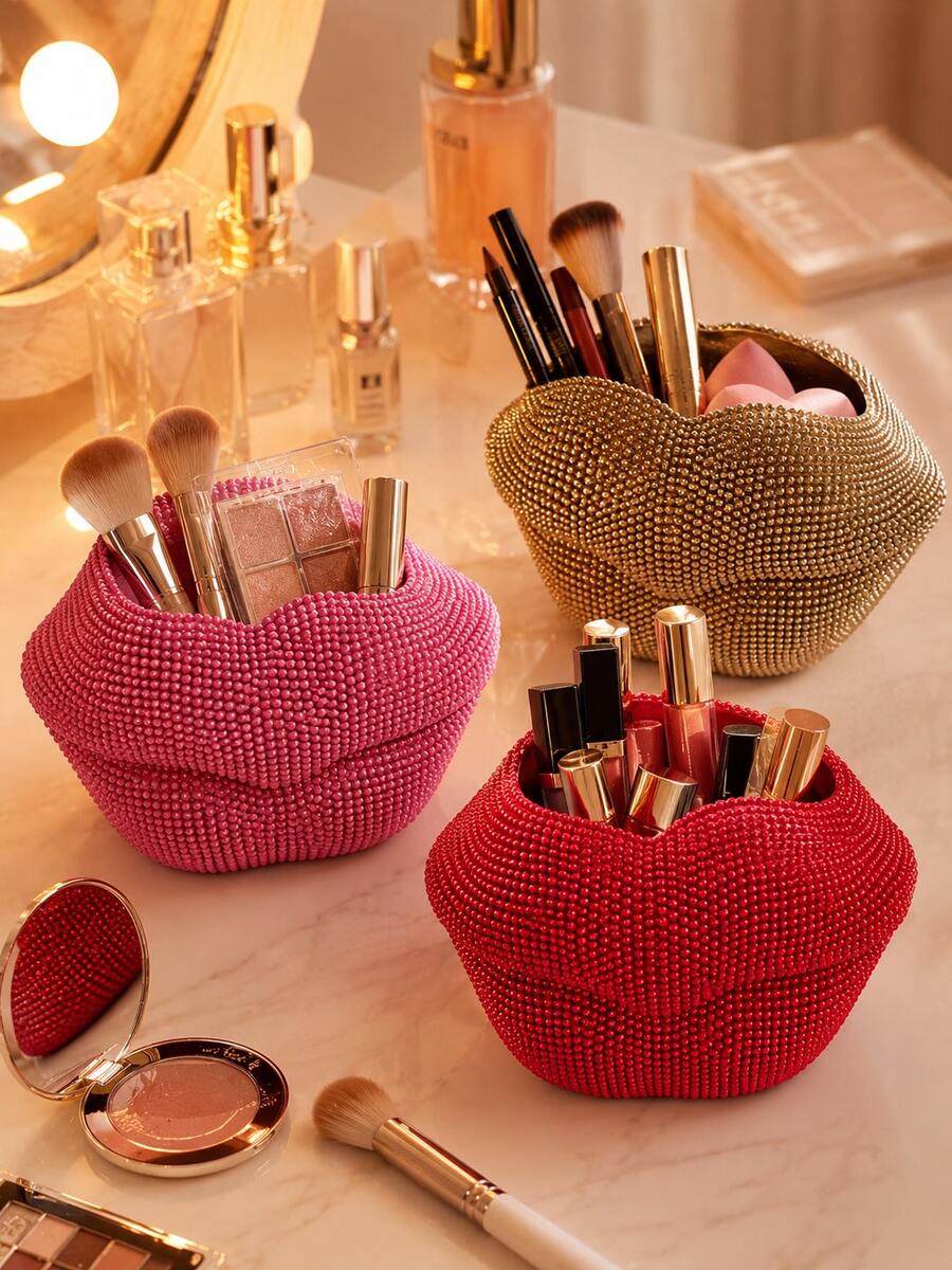 Soporte para brochas de maquillaje con forma de labios brillante, caja de almacenamiento de cosméticos con forma de labios con cristales, organizador de tocador estético, adecuado para brochas de maquillaje, bolígrafos y cosméticos, regalo ideal para entusiastas del maquillaje, dormitorio, baño, organizador de cabello - Ver 1