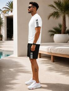2pcs/Set Men's Unique Striped Print Summer Outfit, Including Round Neck Short Sleeve T-Shirt And Sports Shorts With Pockets And Drawstring - White - View 3