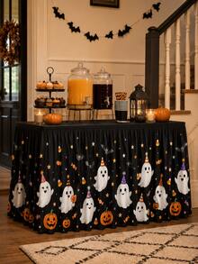 1pc Cute Ghost Pumpkin 183x75cm Table Skirt, Kawaii Halloween Party Style Polyester Rectangle Printed Tablecloth With Pleated Edge, Candy Star Table Cover Decor For Home Party Indoor Outdoor - Multicolor - View 5