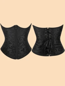 1pc Zipper Jacquard Corset Waist Cincher, Women's Button-Up Waist Trainer Belly Band, Suitable For Party Wear - Black - View 1