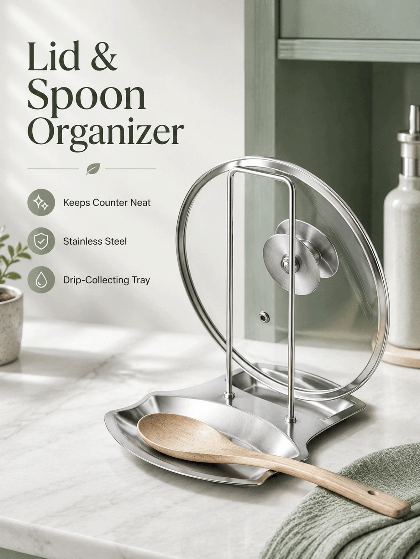Compact Stainless Steel Pot Lid Rack To Prevent Stains Sturdy Punch-Free Soup Spoon Rack For Housewives Sleek Drain Tray Perfect For Tidy Kitchen Detachable Rack Dish Drying Rack House Essentials Dish Rack Kitchen Organizer Kitchen Supplies