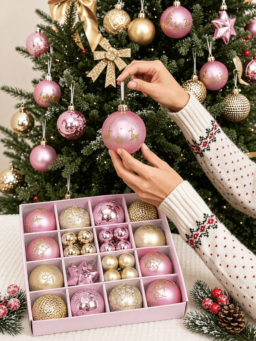 44p/Set Pink & Gold Glitter Christmas Ball With Texture,Assorted Baubles With Hooks,Pink & Gold Texture Designs For Xmas Tree Decor,New Year's Celebrations,Outdoor Decorations,Festive Atmosphere With These Christmas Ornaments - Rose Gold Christmas Ornament - View 1