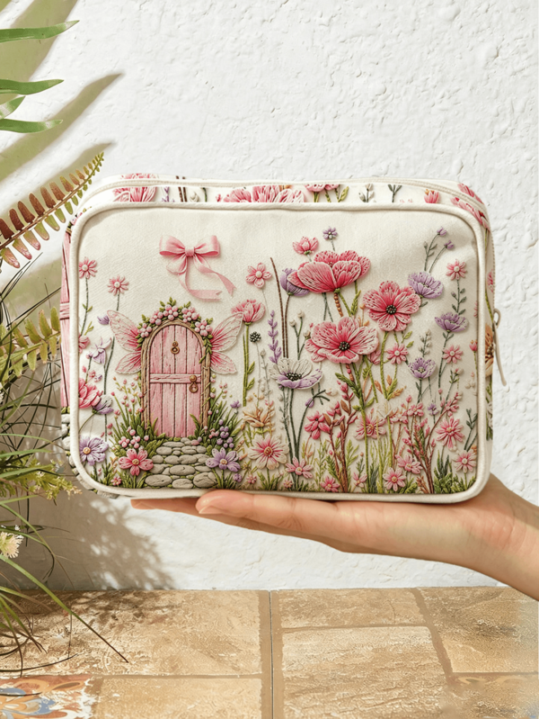 New Pink Garden Gate And Plant Theme Printed Storage Bag (Faux Embroidery 2D), Zippered Travel Organizer Bag, Lightweight Fade-Resistant Makeup & Toiletry Bag, Suitable For Women And Men, Perfect For Mothers, Teachers, Friends, Nurses, School, Vacation, Holiday, Back To School Supplies