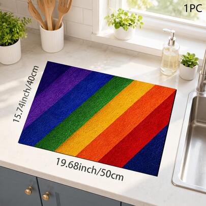Colorful Striped Print Pattern Drainage Mat/Absorbent Mat/Drying Mat Coffee Machine Tableware Drying Mat - Absorbent Polyester Desktop Protector Mat With Rubber Non-Slip Backing, For Kitchen Countertop Decoration - Home Bar And Dining Table Placemat