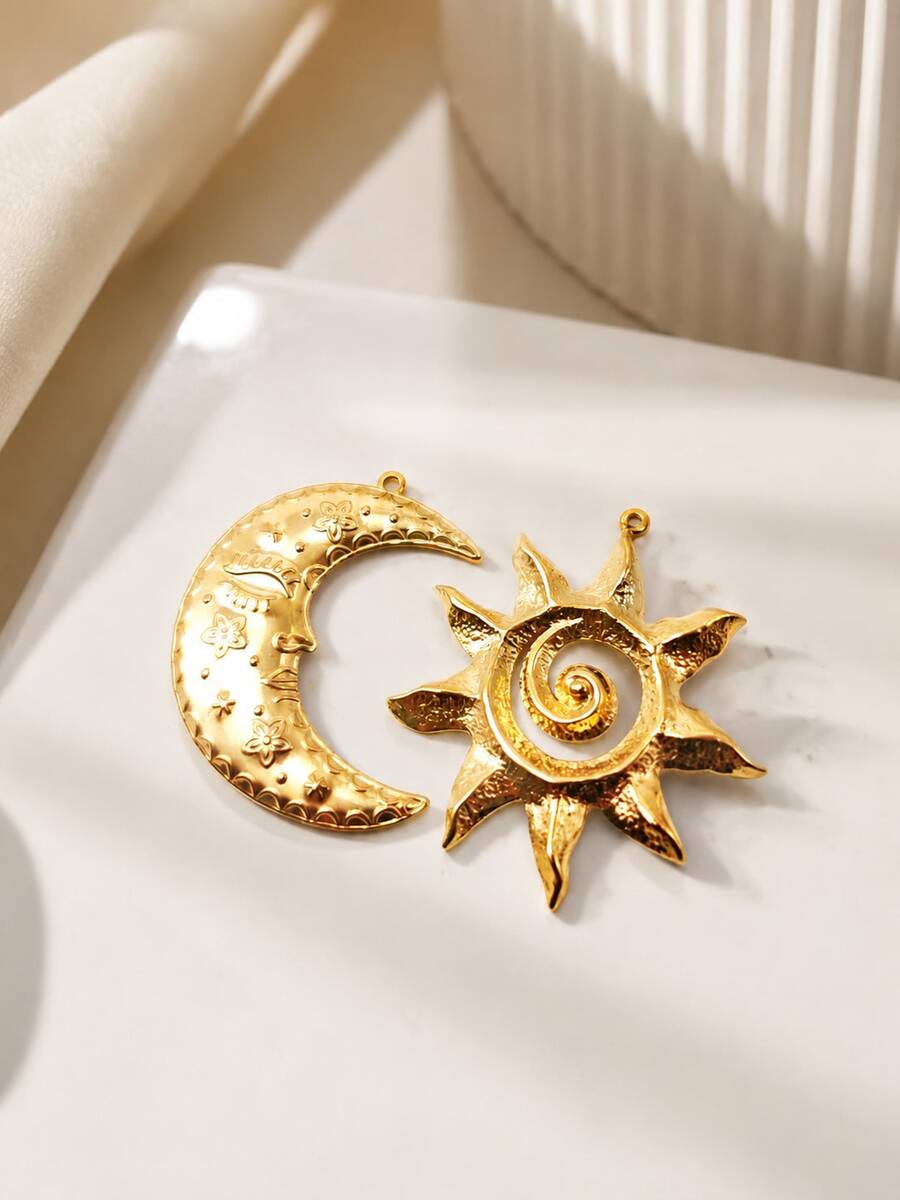 1/2pcs Vintage Style Sun & Moon Pattern Stainless Steel Pendant Accessories, Suitable For Women DIY Necklace Jewelry For Daily Wear - Yellow Gold - View 1
