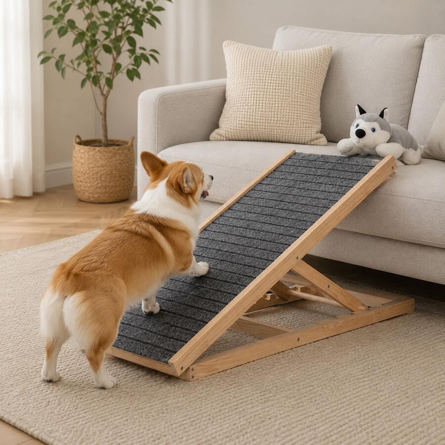 Escalera ajustable de madera para mascotas perro tamaño M, rampa para sofá cama, rampa antideslizante para mascotas - Gris - Ver 1