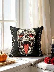 1pc Digital Print Pillowcase/Cushion Cover, Cool Rock Punk Style Skull With Tongue And Spiked Chain Pattern, Halloween Home Decor (Pillow Insert Not Included) - Multicolor - View 2
