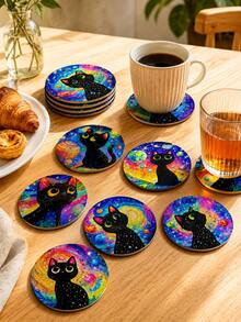10pcs Galaxy Black Cat Wooden Coasters, Colorful Space Style Round Printed Wood Drink Coaster Set With Star Planet Cat Pattern, Decorative Cup Mats For Coffee Table Bedroom Party Decor - F - View 2