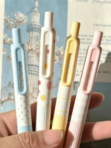 4pcs Polka Dot/Solid Color/Star Pattern Retractable Gel Pens, Highly Attractive Ins Style, Quick-Dry Black Ink Pens For Students And Exams, Back To School Essentials - Little Pudding Pen - View 3