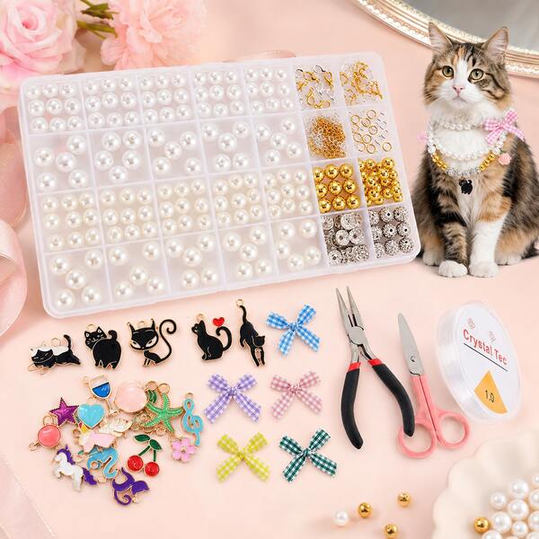 QIAO Kit de manualidades DIY para hacer collar de perlas personalizado a mano para gato mascota con colgante, accesorios de joyería y herramientas de confección, collar decorativo ajustable para gatito