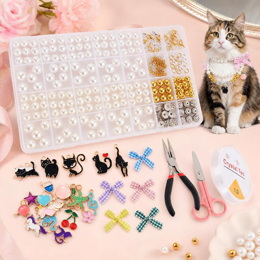 QIAO Handmade Customized Pet Cat Pearl Necklace DIY Kit, Includes Pendant Jewelry Accessories And Making Tools, Adjustable Decorative Collar, Suitable For Kittens - Multicolor - View 1