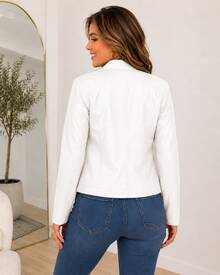 Women's White Leather Jacket Long Sleeve Stylish Winter Blazer Jacket Black Festa Junina - 白色皮革 - 查看 2