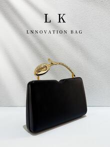 1 Peça Bolsa de Noite Feminina Retangular Minimalista de Couro PU Preto Fosco, Alça de Metal com Flor de Tulipa Dourada 3D, Clutch Rígida de Luxo Elegante Formal Transversal, Adequada para Casamento, Festa, Baile de Formatura, Jantar de Aniversário e Looks Noturnos - Multicolorido - Visão 2