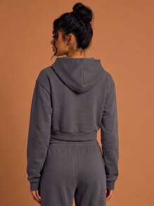 Never me Women's Loose Fashion Street Casual Long Sleeve Short Cropped Sports Sweatshirt, Comfortable Workout Top For Daily Commute Wear - Grey - View 2