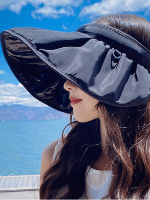 1 buah Topi Lipat Hitam Berbahan Shell dengan Bagian Atas Terbuka untuk Wanita, Topi Pelindung Matahari Bertepi Lebar dengan Perlindungan UV, Topi Musim Panas untuk Bersepeda, Bepergian, dan Liburan Pantai di Luar Ruangan