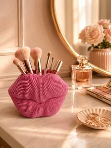Soporte para brochas de maquillaje con forma de labios brillante, caja de almacenamiento de cosméticos con forma de labios con cristales, organizador de tocador estético, adecuado para brochas de maquillaje, bolígrafos y cosméticos, regalo ideal para entusiastas del maquillaje, dormitorio, baño, organizador de cabello - Ver 6