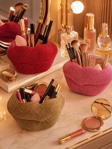 Soporte para brochas de maquillaje con forma de labios brillante, caja de almacenamiento de cosméticos con forma de labios con cristales, organizador de tocador estético, adecuado para brochas de maquillaje, bolígrafos y cosméticos, regalo ideal para entusiastas del maquillaje, dormitorio, baño, organizador de cabello - Ver 3