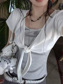 Striped 2 In 1 Short Sleeve T-Shirt Women's Summer Korean Style Design V-Neck Lace-Up Bow Top Casual White - White - View 2