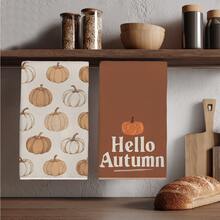 2件裝復古暖咖啡色Hello Autumn南瓜圖案廚房抹布，40*60cm柔軟超細纖維材質茶巾，適用於居家廚房、餐廳、戶外露營桌面清潔、洗碗布、手巾配件，節日禮物 - 彩色 - 查看 1