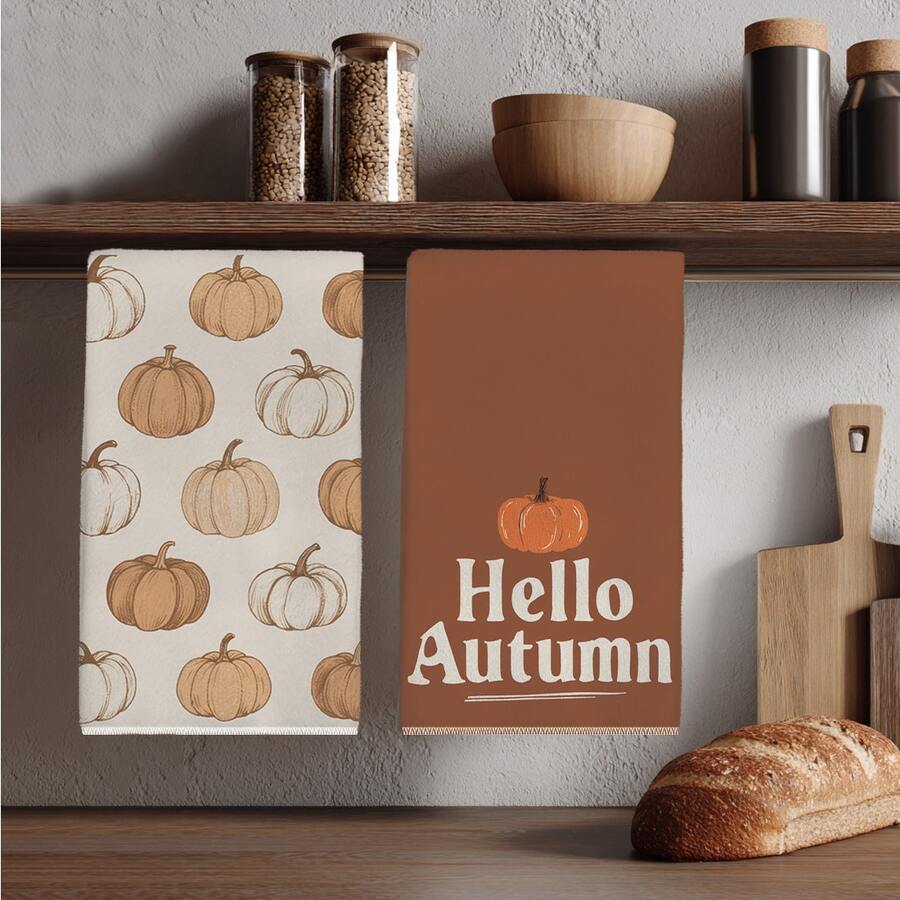 2件裝復古暖咖啡色Hello Autumn南瓜圖案廚房抹布，40*60cm柔軟超細纖維材質茶巾，適用於居家廚房、餐廳、戶外露營桌面清潔、洗碗布、手巾配件，節日禮物 - 彩色 - 查看 1