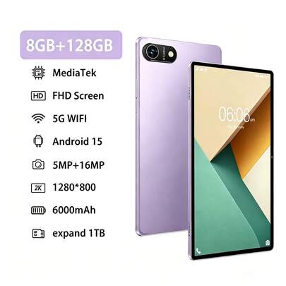 UODEGA 2026 New Android 15 Tablet 8GBRAM/128GB Rom/10.1 Inch 1280*800 Ips Screen/5GWIF15G WIFI 802.11ac/BT5.0/6000mah/Type-C/5mp+16mp Camera/ With Free Leather CaseKeyboard ,Mouse, Stylus(No Adapter)