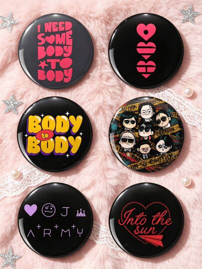 1pc/6pcs 4.4cm/1.73inch ARIRANG Song Lyrics, Cartoon Character Portrait & Heart Symbol Pattern Safety Pin Badge, Clothing Bag Backpack Decoration, Perfect Gift For ARMY Fans