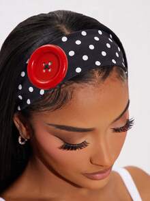 1pc Polka Dot Women's Headband, Vintage Wide Elastic Headband With Red Button, Cute Retro Hair Accessory, Non-Slip Headscarf, Y2K Vintage - Black - View 2