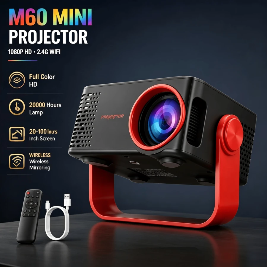Proyector Mini M60, compatible con resolución 1080P con WiFi 2.4G. Equipado con puertos USB & Type-C, proyector de cine en casa portátil, tamaño de proyección desde 20 hasta 100 pulgadas.