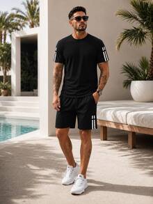 2pcs/Set Men's Unique Striped Print Summer Outfit, Including Round Neck Short Sleeve T-Shirt And Sports Shorts With Pockets And Drawstring - Black - View 7