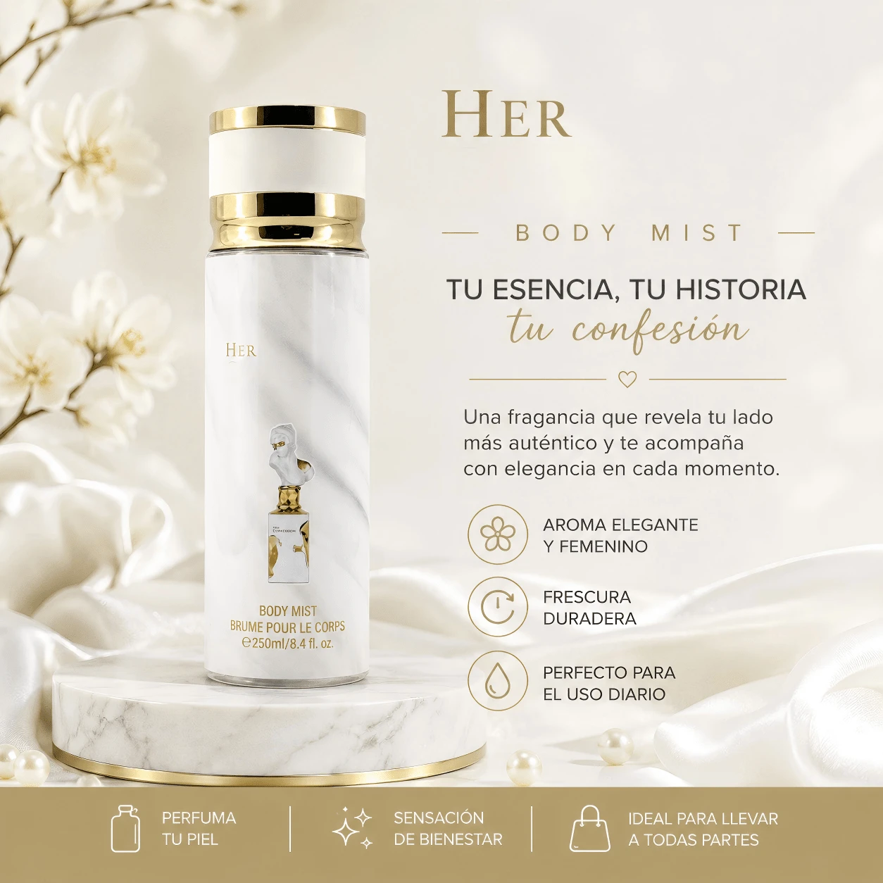 Perfume Árabe 250ML para Mujer en Spray, Fragancia Floral y Dulce de Larga Duración, Aroma Elegante y Sofisticado para Uso Diario - Blanco - Ver 1
