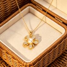 1 Set Stainless Steel Chain Zirconia Flower Faux Pearl Pendant Women's Fashion Necklace & Earrings Jewelry Set, Gift Accessory - Multicolor a - View 2