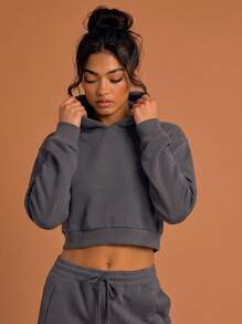 Never me Women's Loose Fashion Street Casual Long Sleeve Short Cropped Sports Sweatshirt, Comfortable Workout Top For Daily Commute Wear - Grey - View 4