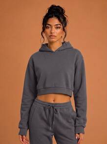 Never me Women's Loose Fashion Street Casual Long Sleeve Short Cropped Sports Sweatshirt, Comfortable Workout Top For Daily Commute Wear - Grey - View 6