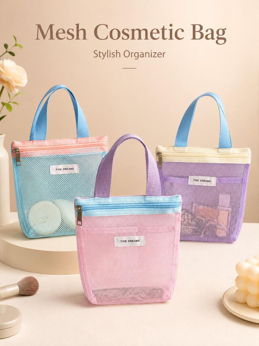 Dopamine Style Colorblock Makeup Bag, Portable Travel Handbag & Toiletry Storage Bag, Mesh Design, Suitable For Storing Cosmetics And Toiletries, Lightweight And Practical, Travel Essential