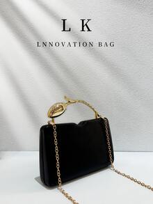 1 Peça Bolsa de Noite Feminina Retangular Minimalista de Couro PU Preto Fosco, Alça de Metal com Flor de Tulipa Dourada 3D, Clutch Rígida de Luxo Elegante Formal Transversal, Adequada para Casamento, Festa, Baile de Formatura, Jantar de Aniversário e Looks Noturnos - Multicolorido - Visão 5
