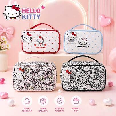 SANRIO 1 pieza Bolsa de maquillaje con forma de caja con licencia oficial de Hello Kitty, organizador de cosméticos multifuncional de gran capacidad, bolsa de aseo portátil y gruesa para viajes, regalo para niñas, decoración de dormitorio, vuelta a la escuela