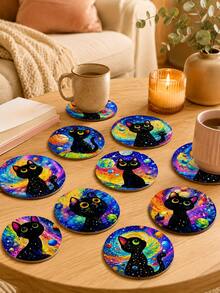 10pcs Galaxy Black Cat Wooden Coasters, Colorful Space Style Round Printed Wood Drink Coaster Set With Star Planet Cat Pattern, Decorative Cup Mats For Coffee Table Bedroom Party Decor - F - View 4