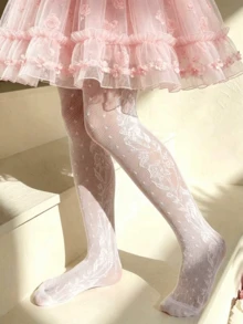 1pc Girls/Toddlers Spring/Summer White Tights, Elegant Rose Flower Pattern Decor, Fashionable Sweet Soft Lightweight Dance Stockings, Versatile Comfortable Breathable Leggings, Suitable For /Wedding/Performance/Dance Practice - White - View 2
