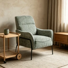 Green Textured Fabric Accent Chair, Black Metal Frame Padded Single Lounge Armchair - Green + Fabric - View 3