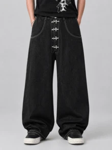 1件 Infinite Jeans 个性化设计飞机扣牛仔裤，男士休闲宽松直筒牛仔裤，日系街头风，宽松版型，做旧水洗（不含腰带和配饰） - 黑色 - 查看 1