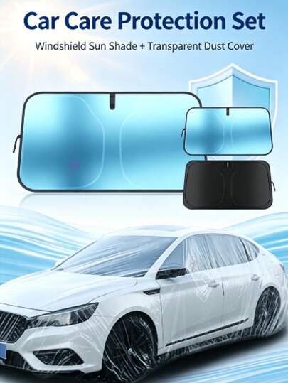 Car Care Protection Set (Windshield Sunshade + Transparent Dust Cover), Designed For Easy Storage, No Drilling Installation, High-Density Blackout Fabric, Dustproof, Waterproof, Sun Protection, Heat Insulation, All-Season Use, Privacy Protection, Provides Dual Protection For Your Car, Blocks Sunlight Glare And Keeps Exterior Clean And Interior Private, Fits Most Sedans