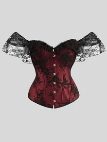 Halloween Atmosphere Black & Red Lace Corset, French Puff Sleeve Patchwork Bustier, Waist-Cinched Body-Shaping Tight Top - Burgundy - View 1