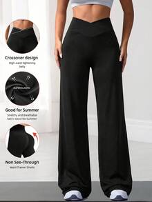 Women's Solid Color Yoga Long Loose Wide Leg Pants, Comfortable And Slimming, Suitable For Running, Fitness And Yoga - Black - View 3
