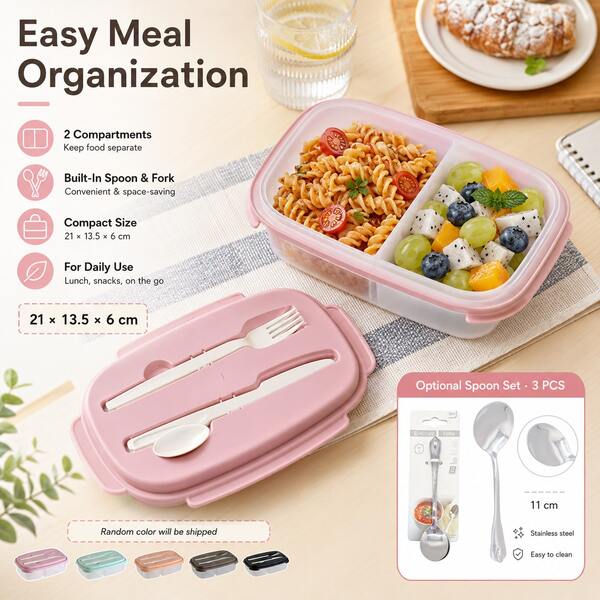 Compartment Lunch Box With Built-In Cutlery, Random Colour