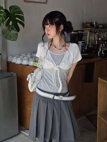 Striped 2 In 1 Short Sleeve T-Shirt Women's Summer Korean Style Design V-Neck Lace-Up Bow Top Casual White - White - View 1