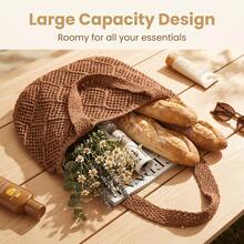 Large Capacity Hollow Knitted Tote Bag, Women's Lightweight Breathable Solid Color Woven Handbag, Suitable For Beach Travel Holiday Vacation Essentials - Brown - View 6