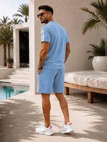 2pcs/Set Men's Unique Striped Print Summer Outfit, Including Round Neck Short Sleeve T-Shirt And Sports Shorts With Pockets And Drawstring - Light Wash - View 5