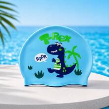 Children's Cartoon Print Silicone Swim Cap, Dinosaur Astronaut Bird Pattern, High Elasticity Snug Fit Unisex Kids Swimming Cap, B, First Day Of School - Blue - View 9