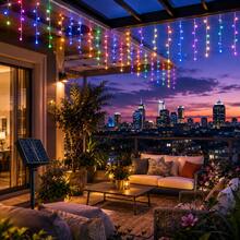 2pcs Solar Powered Multi-Color Icicle Lights, Outdoor Hanging Curtain String Lights, 8 Flashing Modes, Solar LED Decorative Lights, Suitable For Garden, Patio, Balcony, Eaves, Party, Holiday, Home Decor - Multi-color light - View 8