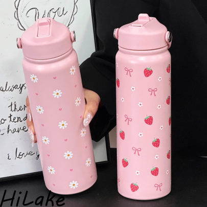 HILAKE 800ml Strawberry Bow Insulated Water Bottle - White Floral Heart Design, Suitable For All-Day Hydration, Keeps Fruit Ice Soda, Milkshakes And Sparkling Water Cold - Ideal Back To School Gift, Suitable For Friends, Office And Casual Use
